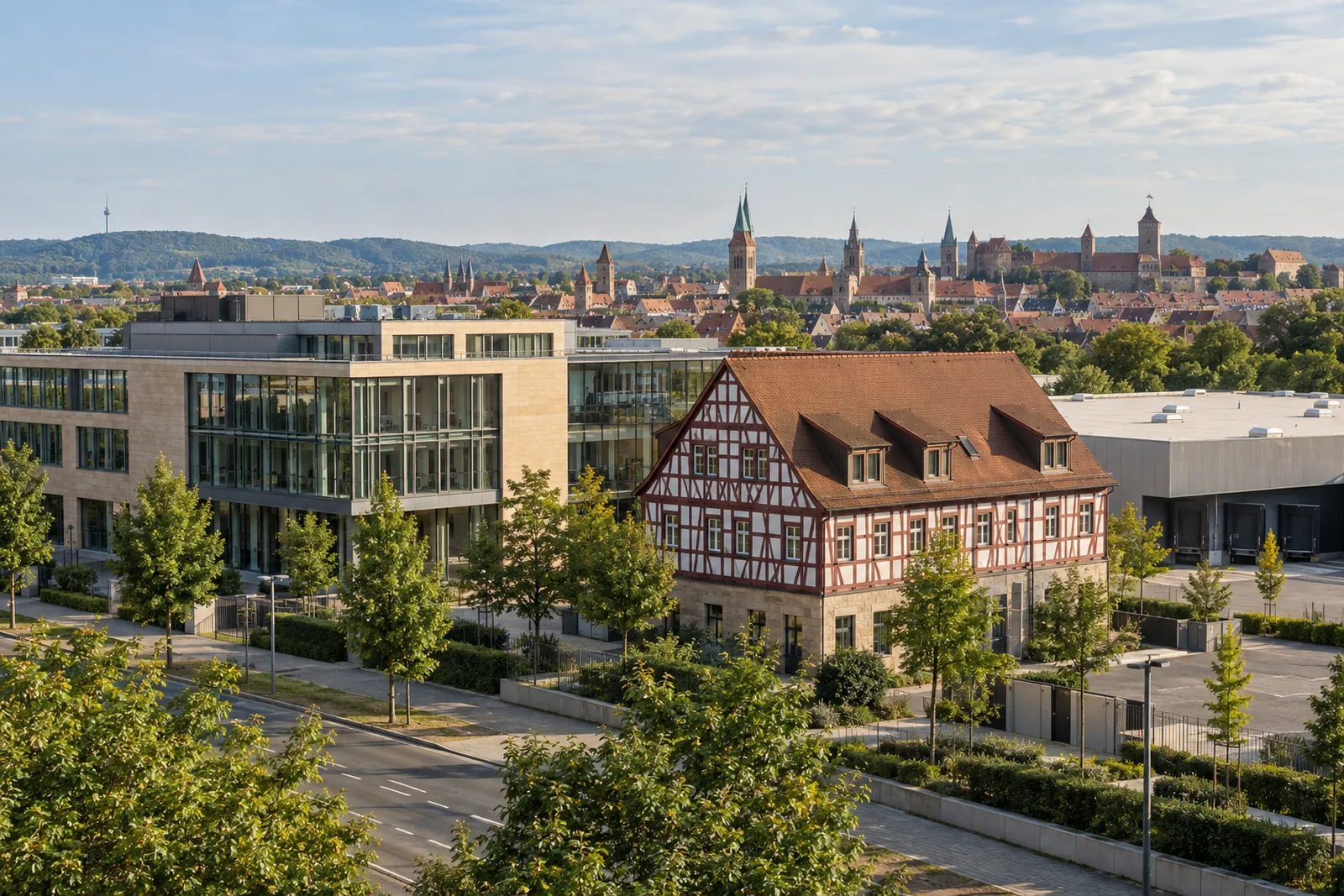 Gewerbegebiet in Mittelfranken mit Bürohaus, Fachwerkgebäude und Lagerhalle, im Hintergrund die Altstadt-Silhouette von Nürnberg