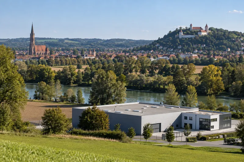 Gewerbehalle mit Bürotrakt im Isartal, im Hintergrund Kirchturm und Burg über Landshut