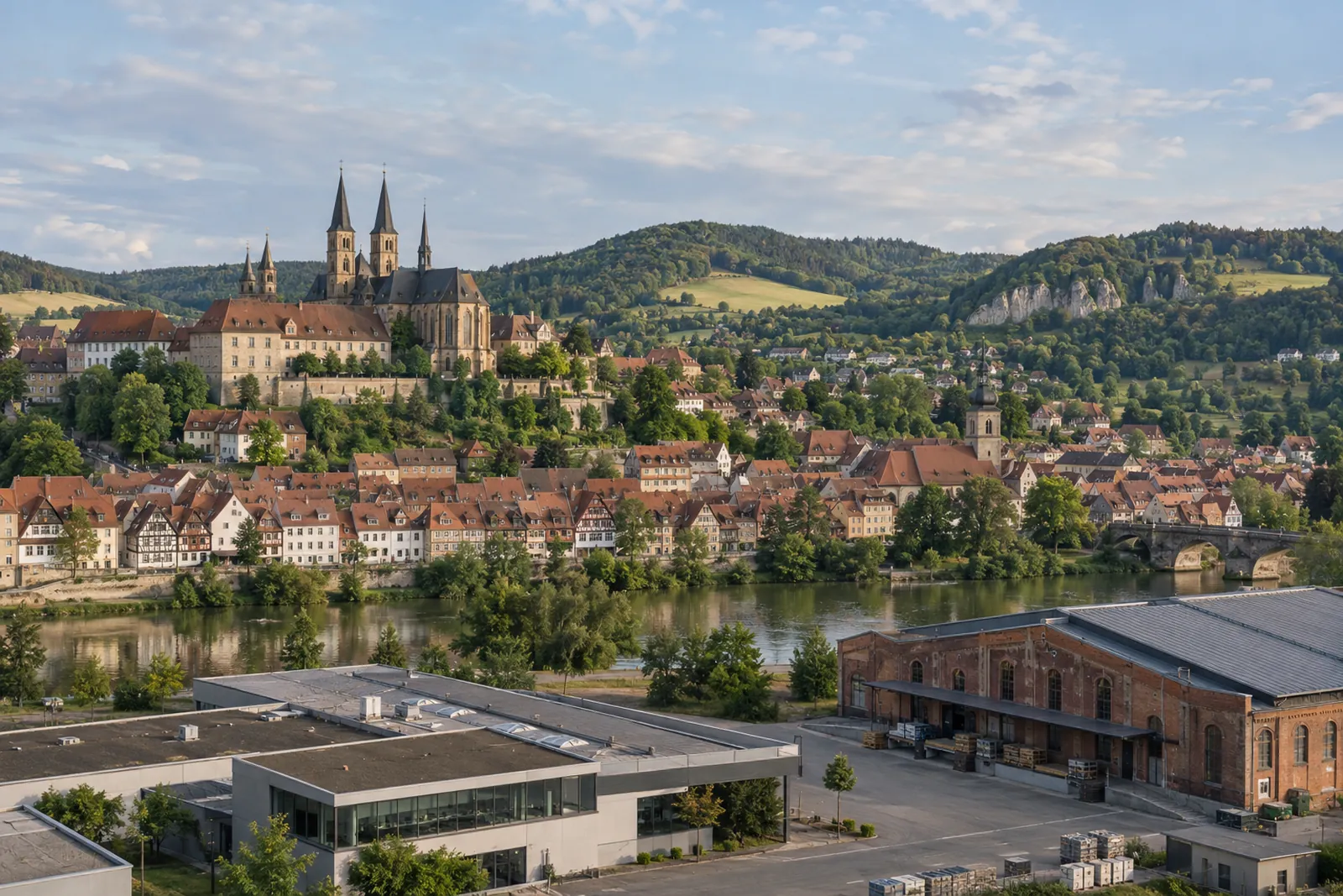 Fränkische Kleinstadt mit Fachwerk und Sandstein, davor Gewerbebau und Backsteinhalle, dahinter Hügel und Domtürme