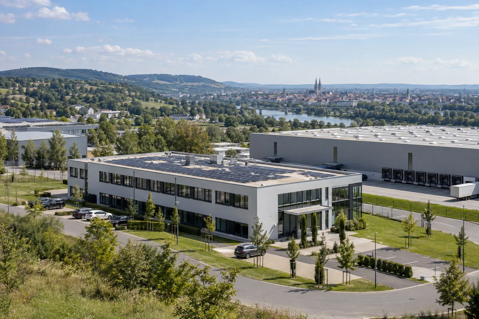 Moderne Büro- und Logistikgebäude am Rand von Regensburg, im Hintergrund hügelige Landschaft und die Domtürme