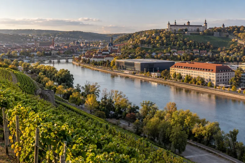 Mainufer in Unterfranken mit Weinhang, Gewerbehalle und Bürogebäude, im Hintergrund die Festung Marienberg über Würzburg