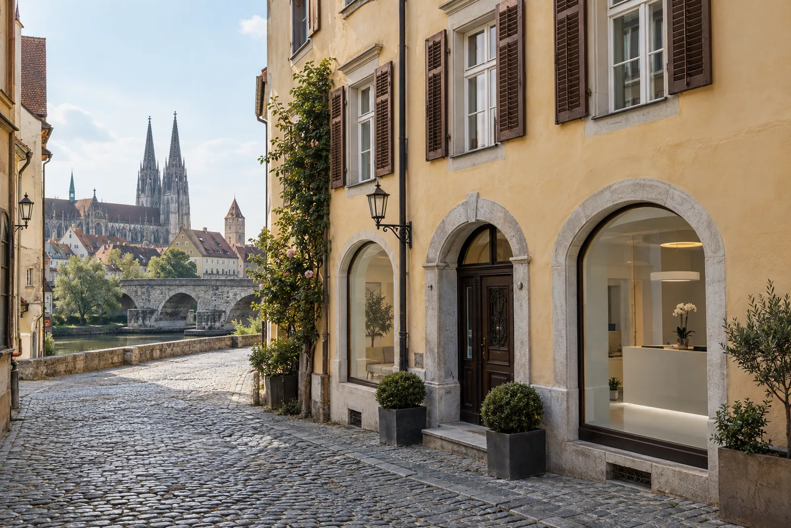 Gründerzeithaus mit Praxisräumen im Erdgeschoss in der Regensburger Altstadt, im Hintergrund die Domtürme