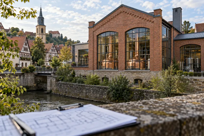 Backsteinbrauerei in einer fränkischen Altstadt mit Fachwerkhäusern und Kirchturm im Hintergrund
