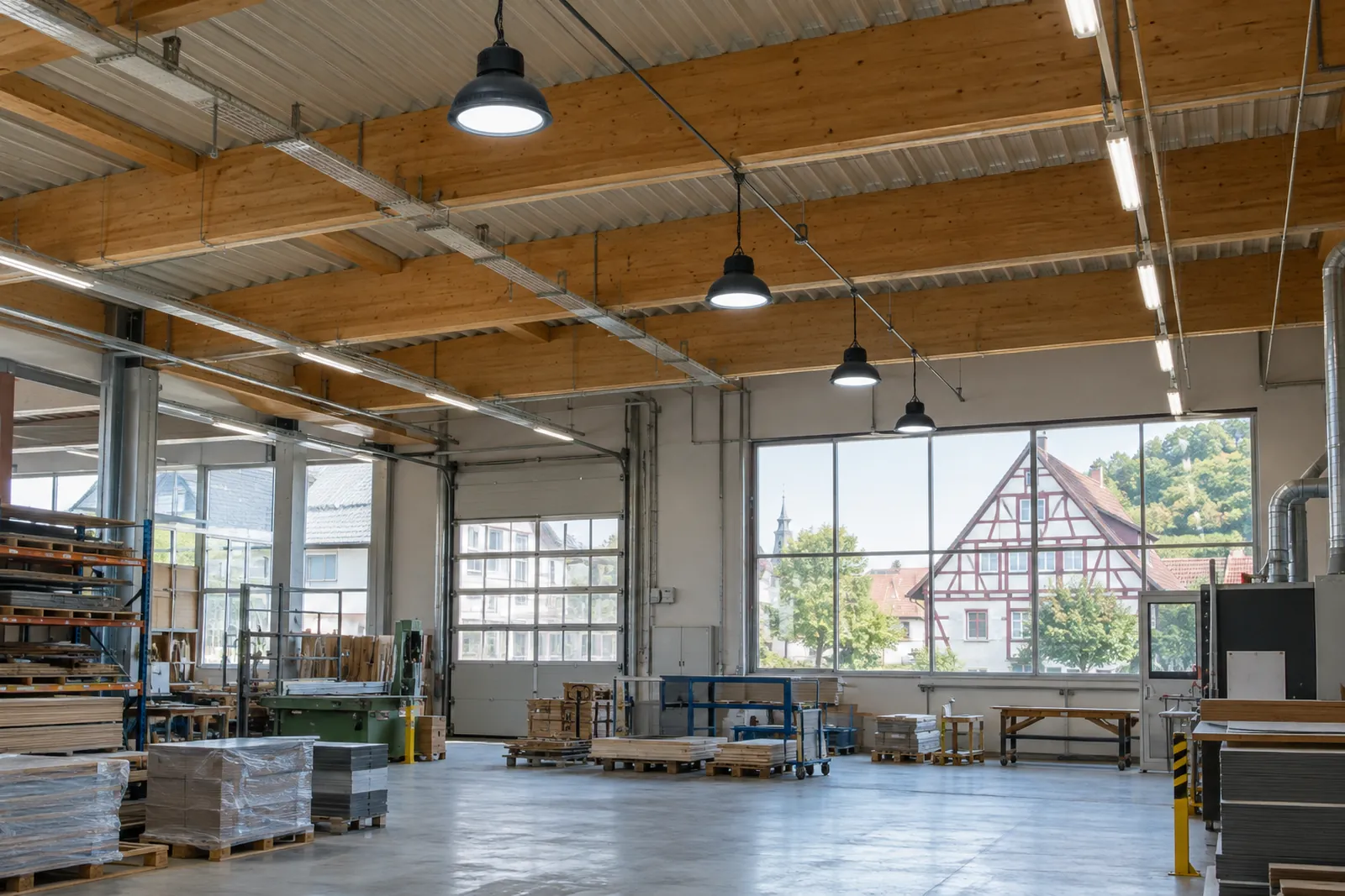 Gewerbehalle in Franken mit LED-Hallenleuchten und älteren Leuchtstofflampen, durch das Fenster ein Fachwerkhaus
