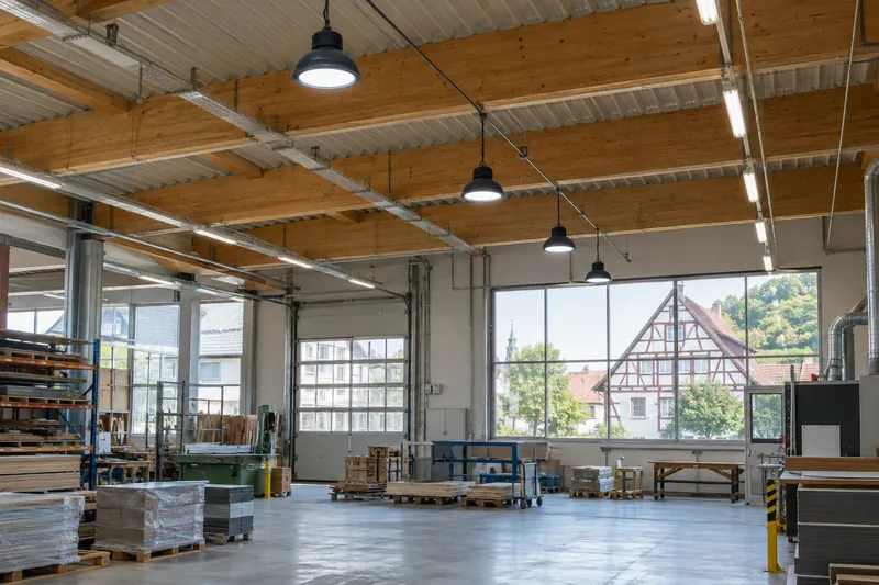 Gewerbehalle in Franken mit LED-Hallenleuchten und älteren Leuchtstofflampen, durch das Fenster ein Fachwerkhaus
