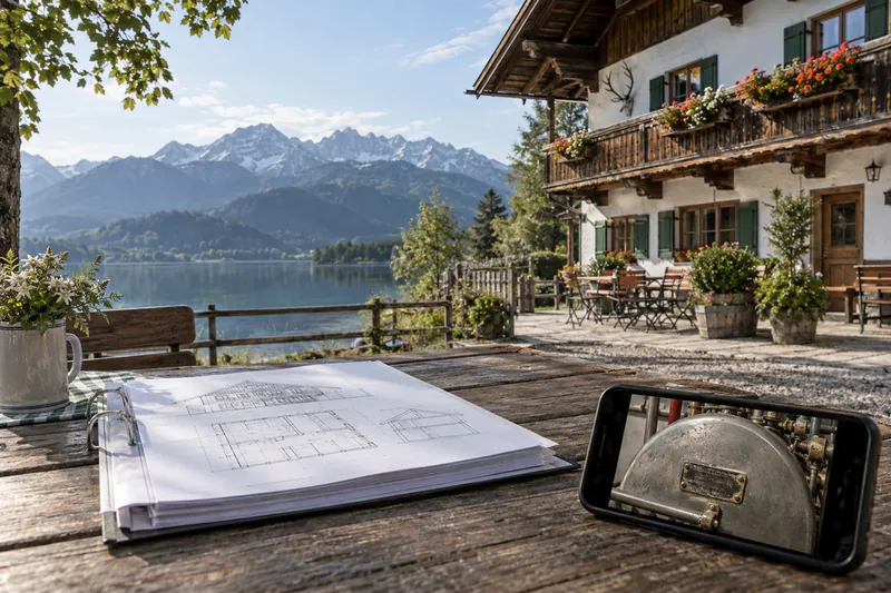 Oberbayerischer Gasthof am See, davor ein Ordner mit Bauplänen und ein Smartphone beim Fotografieren eines Heizungs-Typenschilds