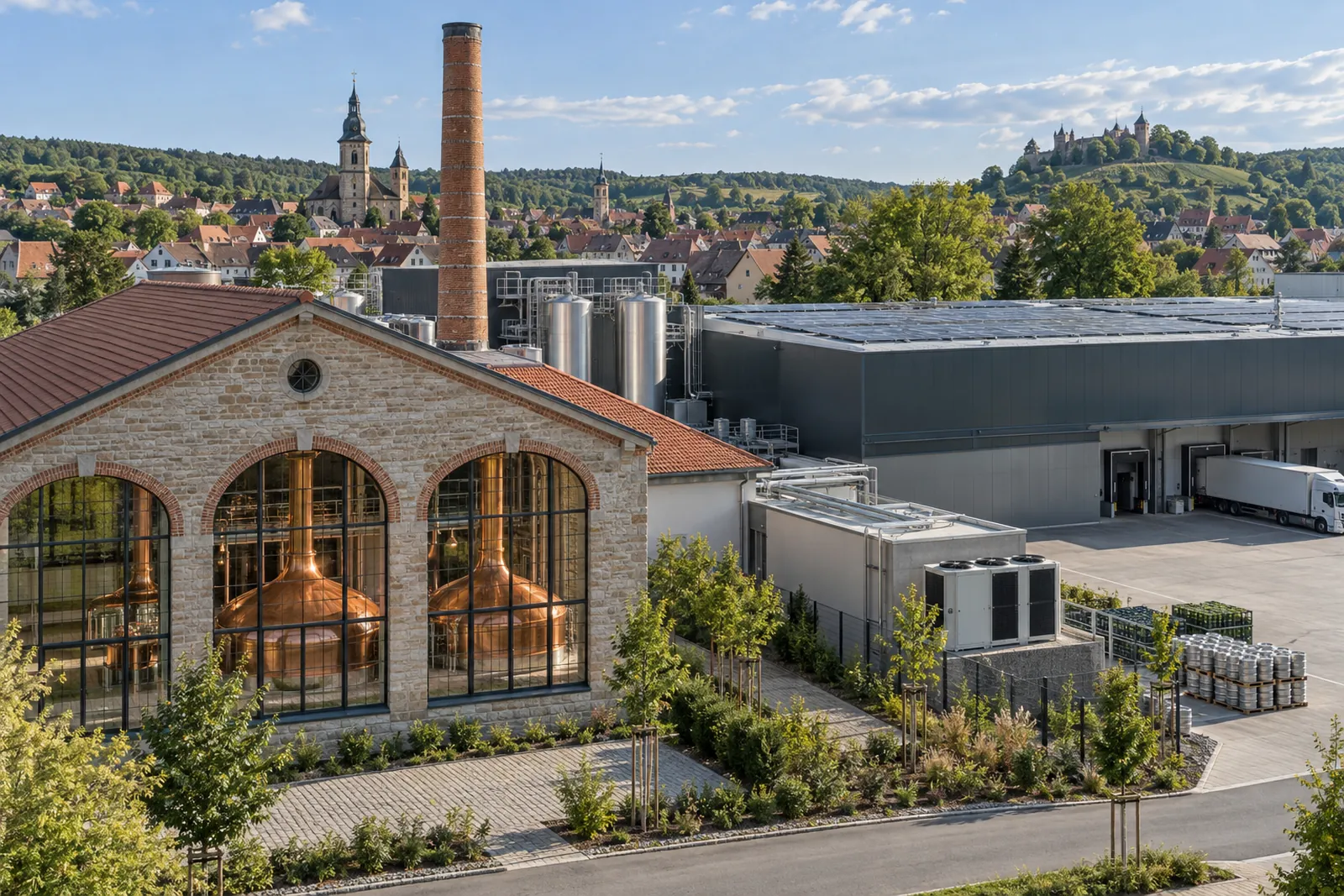 Brauereigelände in Franken mit Sudhaus, Halle, Wärmepumpen und Solarmodulen auf dem Dach