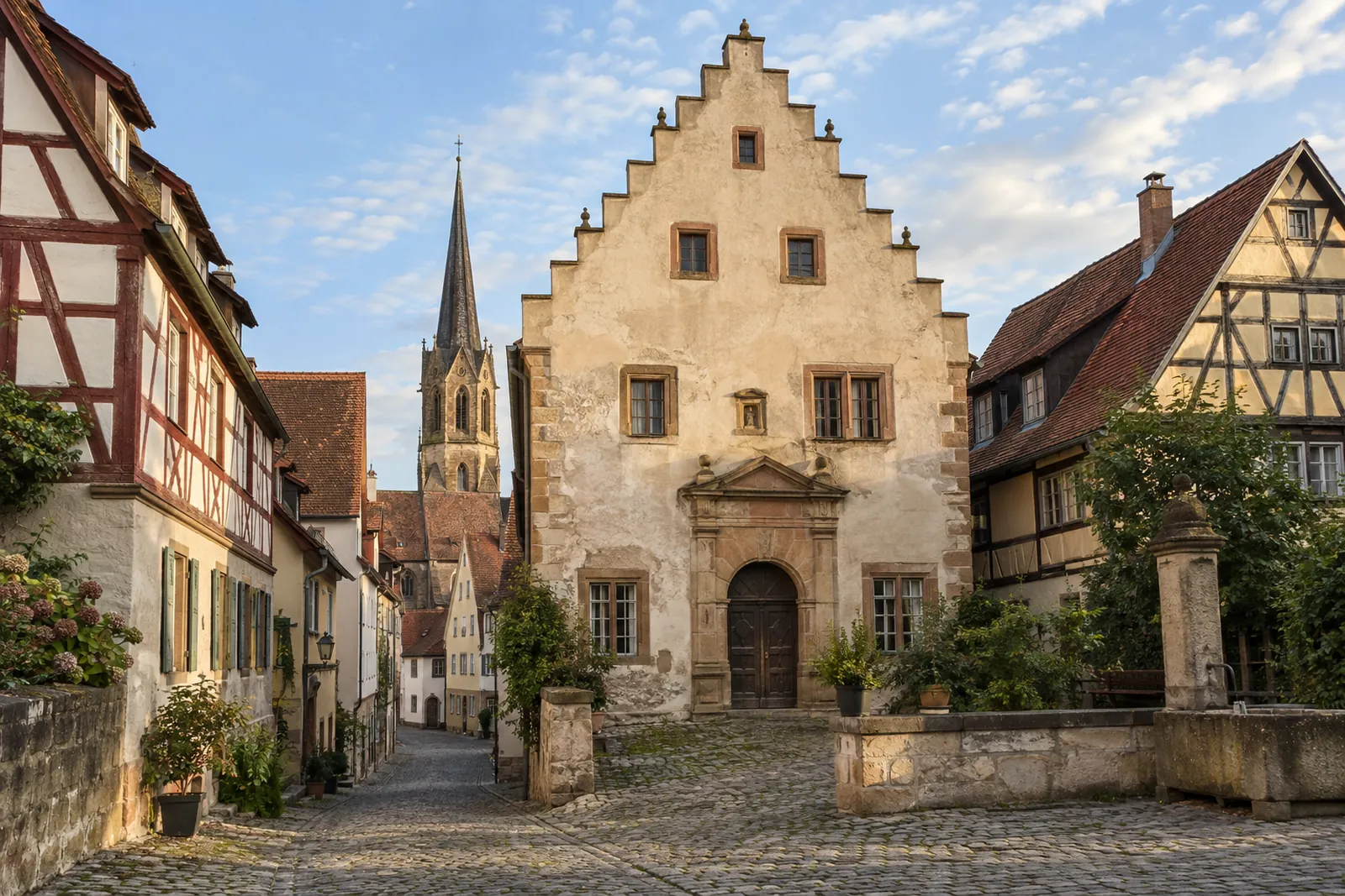 Historisches Giebelhaus mit Sandsteinportal in einer fränkischen Altstadt mit Kirchturm im Hintergrund