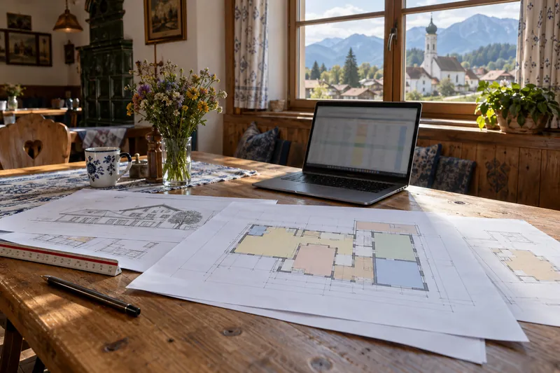 Grundrissplan mit farbigen Zonenmarkierungen auf einem Holztisch, durchs Fenster ein oberbayerisches Dorf mit Zwiebelturm