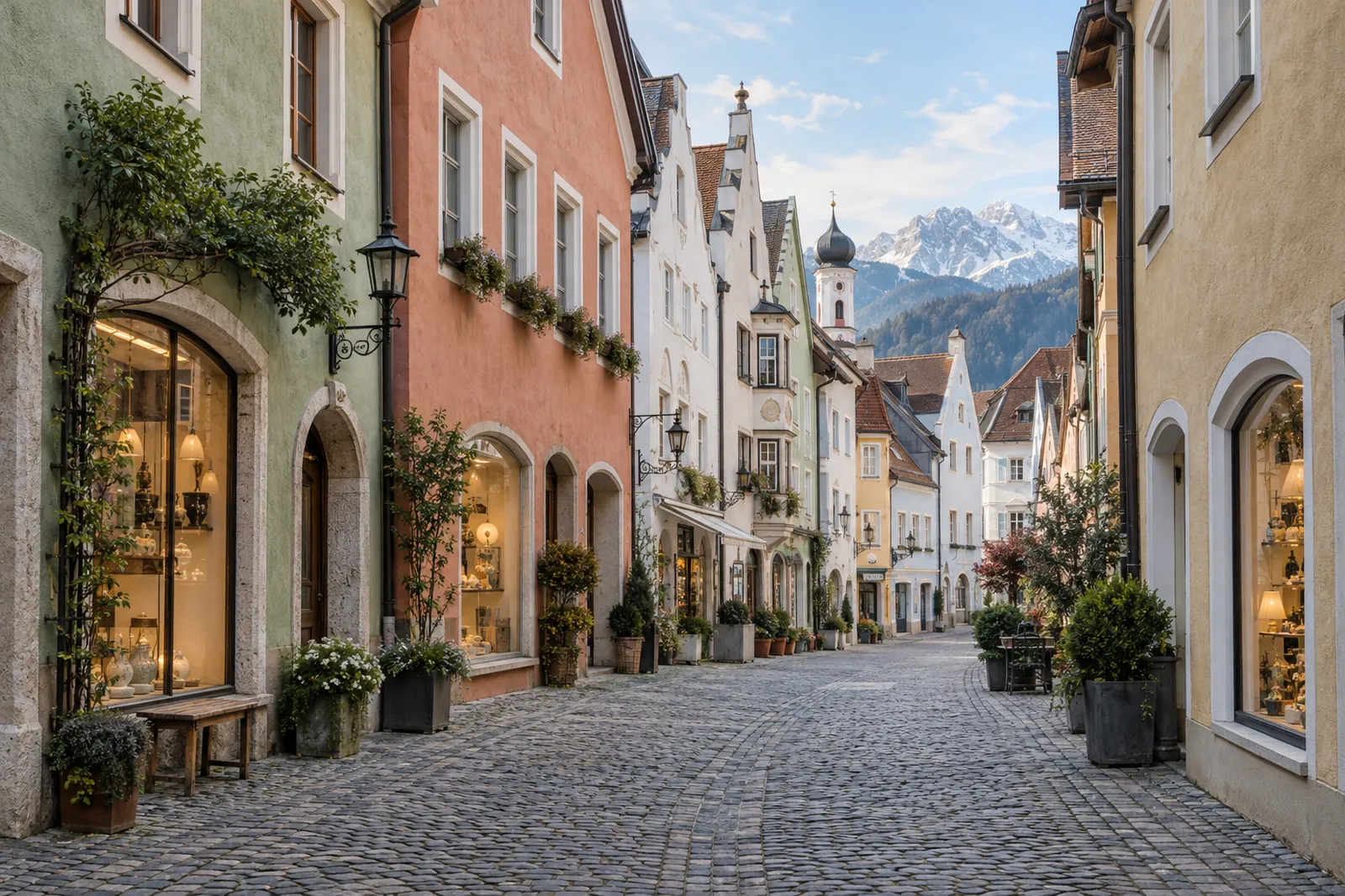 Fußgängerzone einer bayerischen Altstadt mit Giebelhäusern und Ladenlokalen im Erdgeschoss