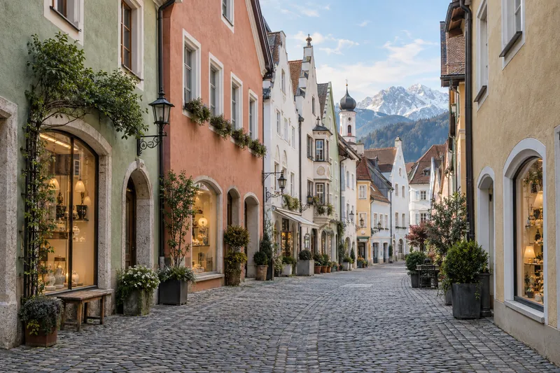 Fußgängerzone einer bayerischen Altstadt mit Giebelhäusern und Ladenlokalen im Erdgeschoss
