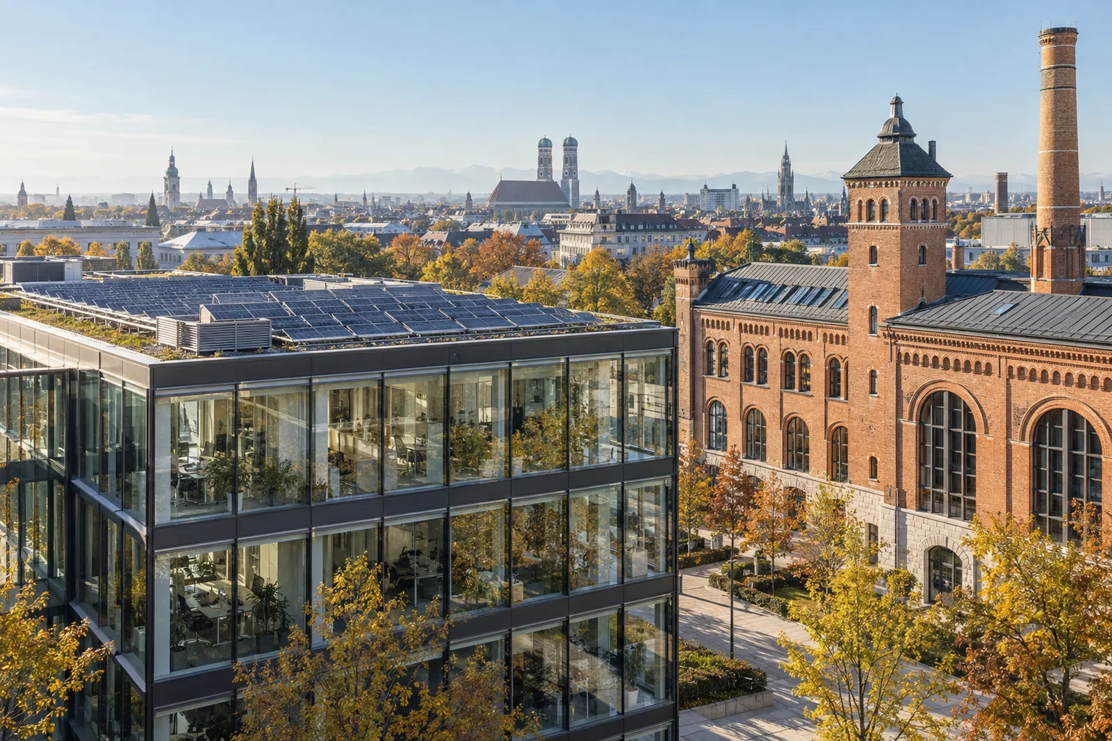 Modernes Bürogebäude mit Solardach neben einer historischen Brauerei in München