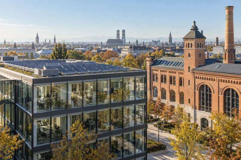 Modernes Bürogebäude mit Solardach neben einer historischen Brauerei in München