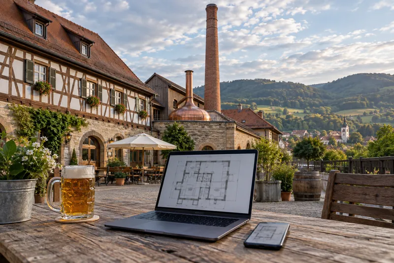 Fränkische Brauerei mit Fachwerk und Backstein-Sudhaus, im Vordergrund Laptop und Smartphone mit Grundriss auf einem Holztisch