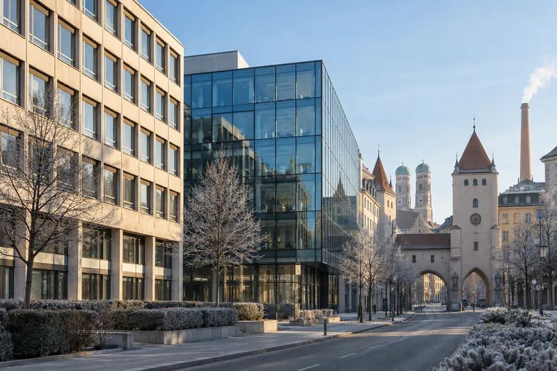 Bürohaus aus den 1960er Jahren neben einem Glasneubau in München, im Hintergrund historische Altstadt und Brauereischlot