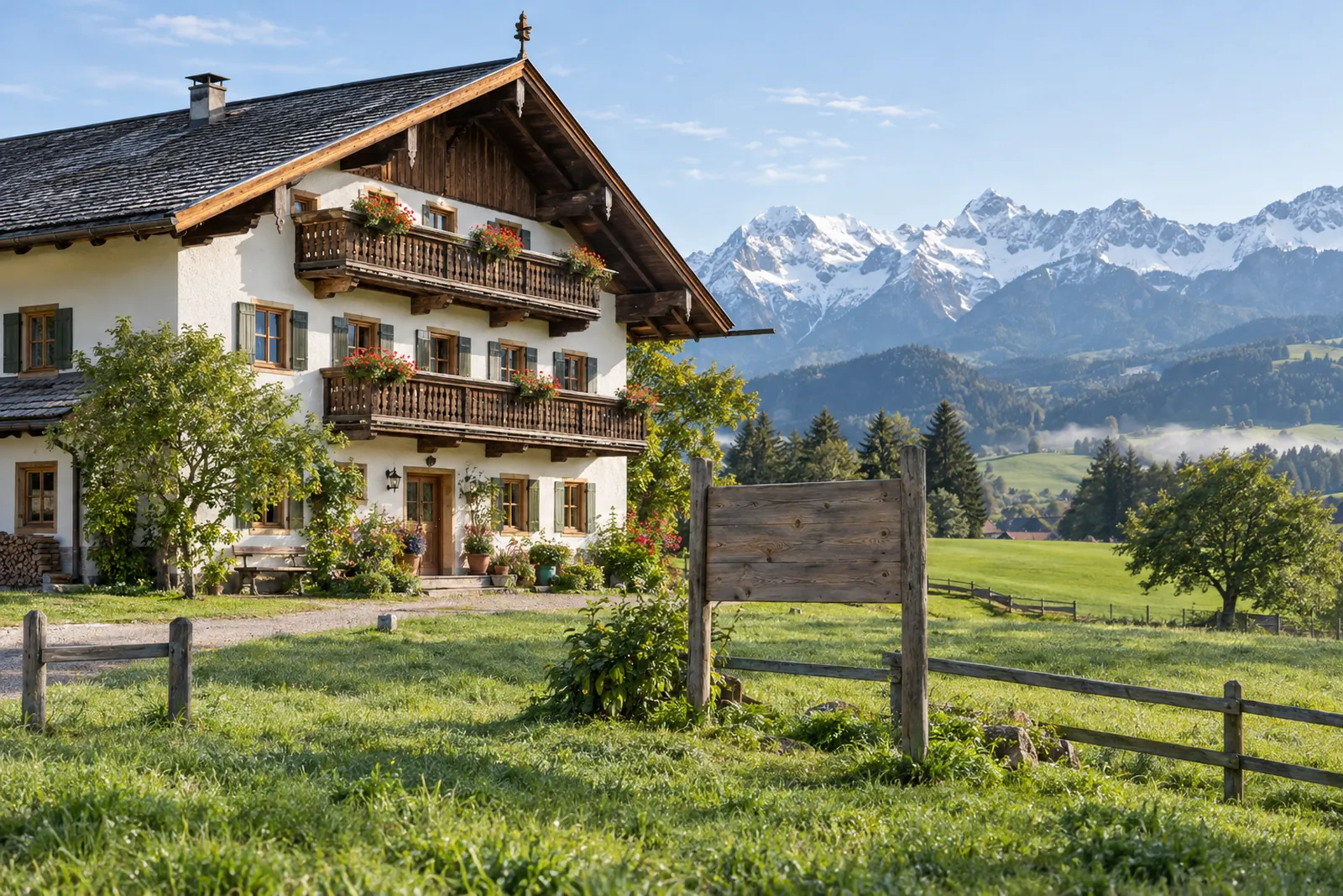 Oberbayerischer Gasthof mit Holzbalkonen vor Alpenkulisse, davor eine Wiese mit leerer Holztafel