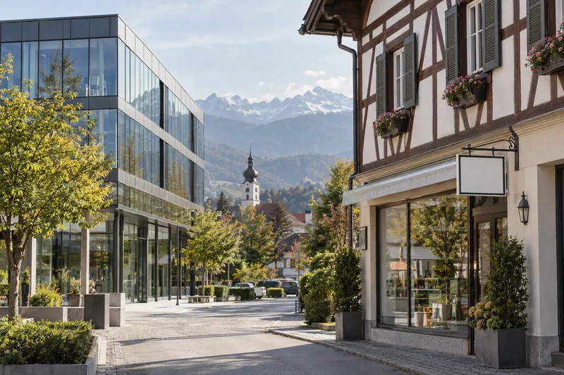 Moderner Büroneubau mit Glasfassade neben einem älteren Geschäftshaus mit Ladenlokal im Großraum München, Voralpenland im Hintergrund