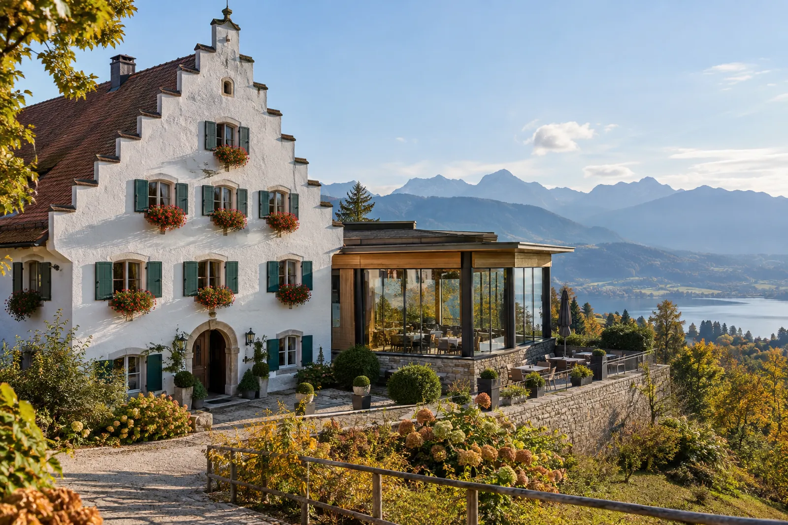 Oberbayerischer Gasthof mit Giebel und modernem Anbau vor Voralpenlandschaft und See