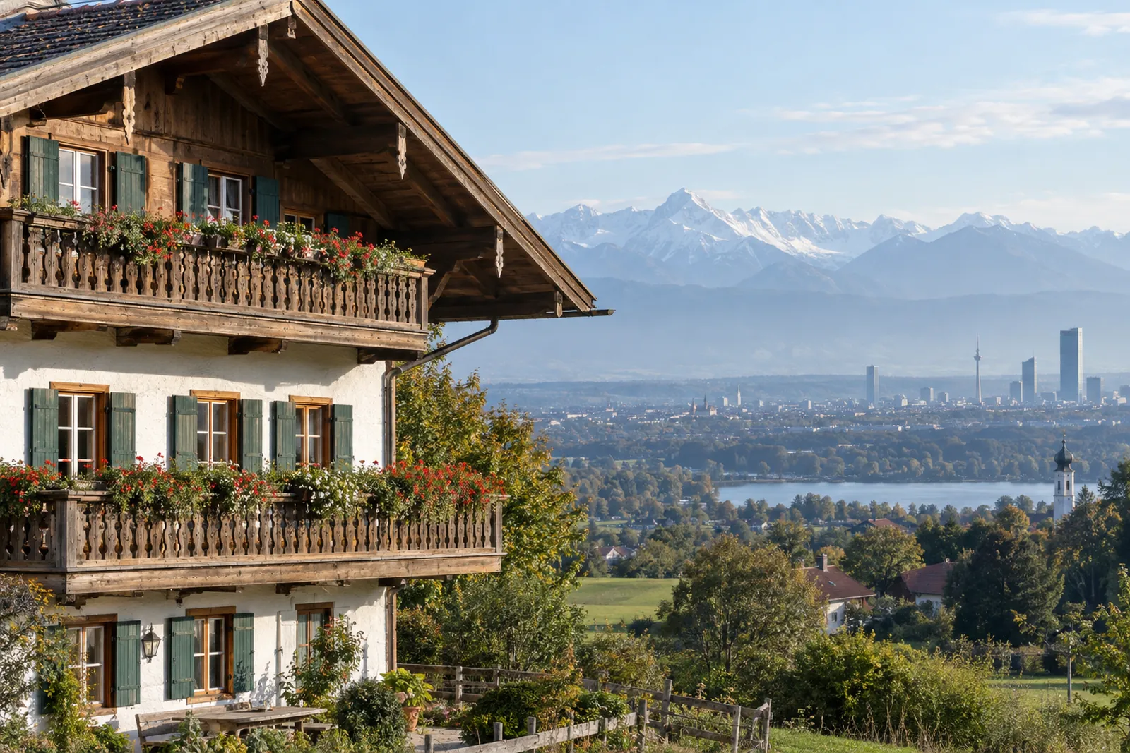 Oberbayerischer Gasthof mit Holzbalkonen vor Alpenkulisse, im Hintergrund ein moderner Münchner Bürobau