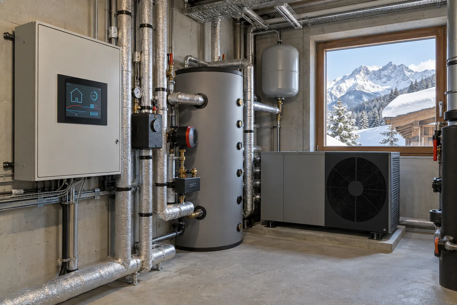 Technikraum eines oberbayerischen Hotels mit Schaltschrank für die Gebäudeleittechnik, Wärmepumpe und gedämmten Rohren, Bergkette im Fenster