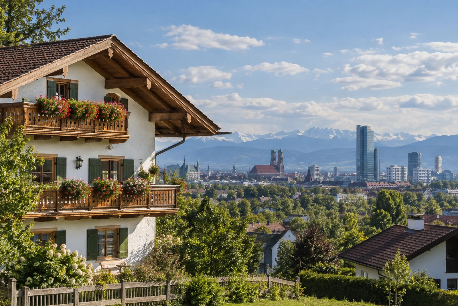 Oberbayerischer Gasthof mit Holzbalkonen vor einem modernen Bürogebäude und den Alpenvorbergen