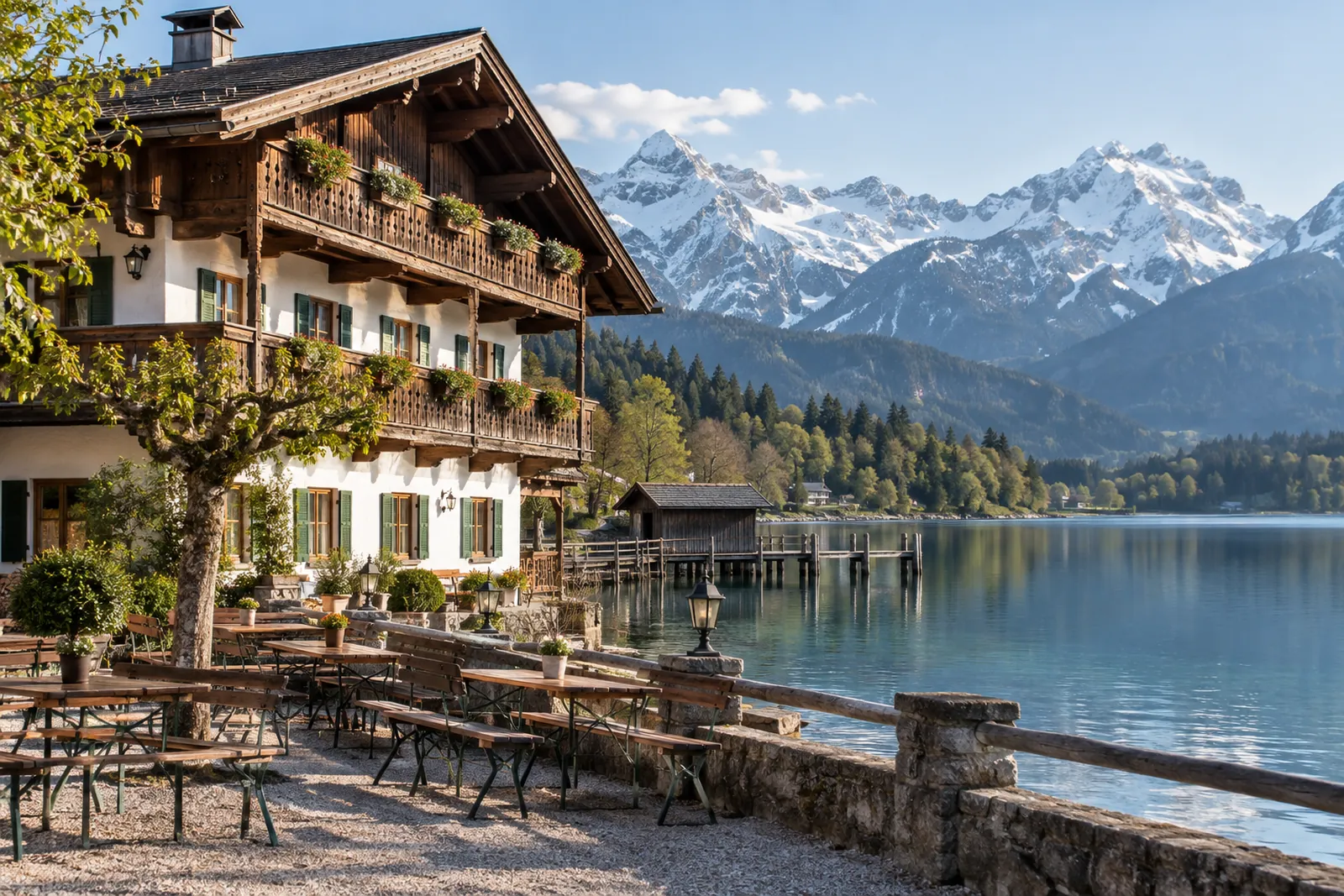 Oberbayerischer Gasthof mit Holzbalkon an einem Alpensee, dahinter die Berge