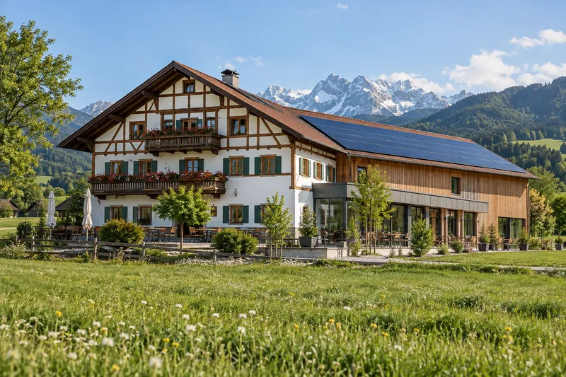 Sanierter Gewerbebau mit Photovoltaik-Dach vor Alpenkulisse in Oberbayern