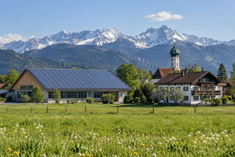 Gewerbehalle mit Solaranlage auf dem Dach neben einem oberbayerischen Gasthof, im Hintergrund die Alpen
