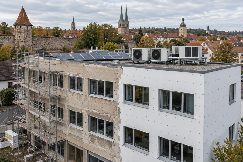 Teilweise gedämmtes Gewerbegebäude der 1970er Jahre mit Gerüst, Wärmepumpen und Solarmodulen vor fränkischer Altstadt