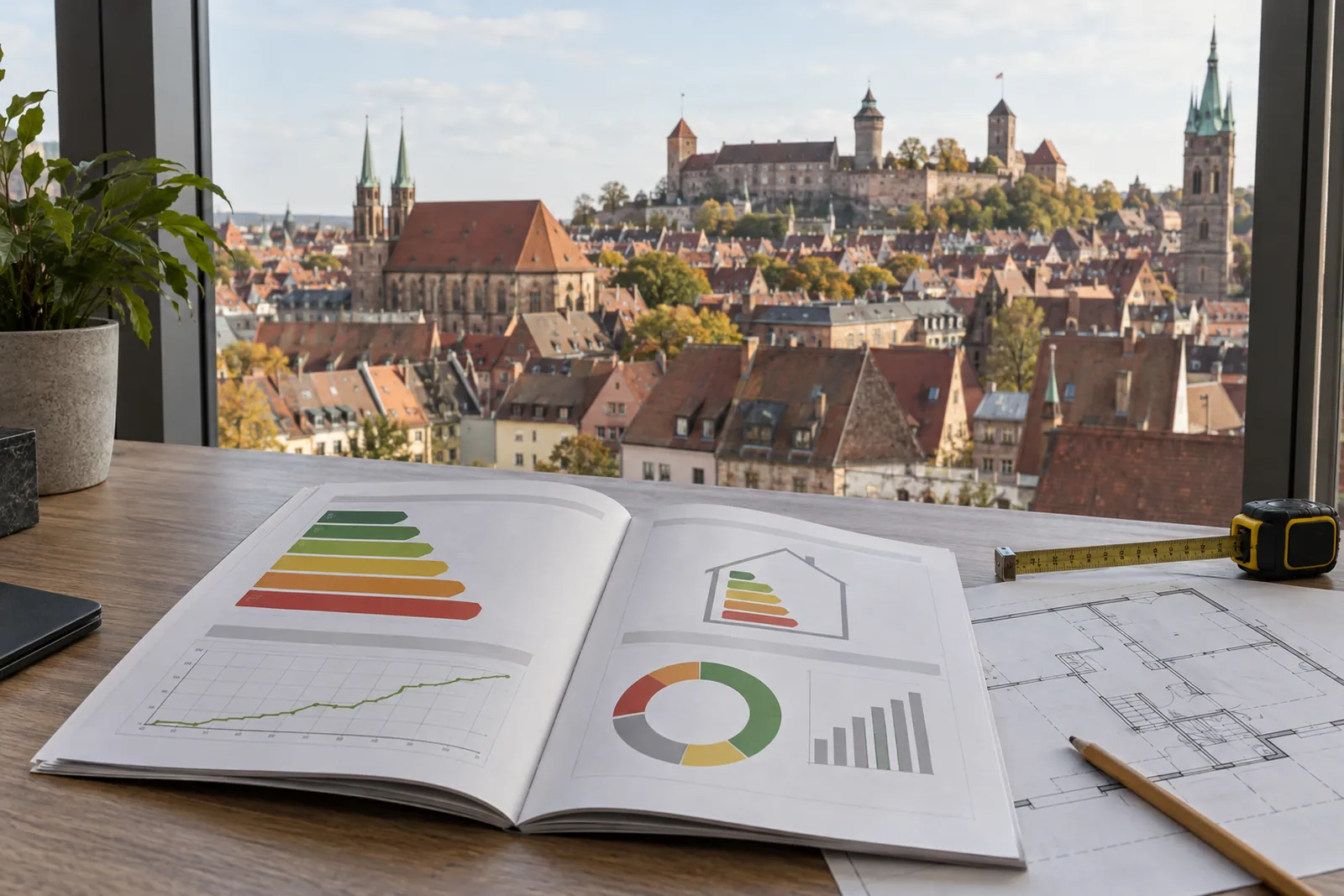 Aufgeschlagener Energieausweis mit Grundriss und Maßband auf einem Schreibtisch, im Fenster die Dächer der Nürnberger Altstadt