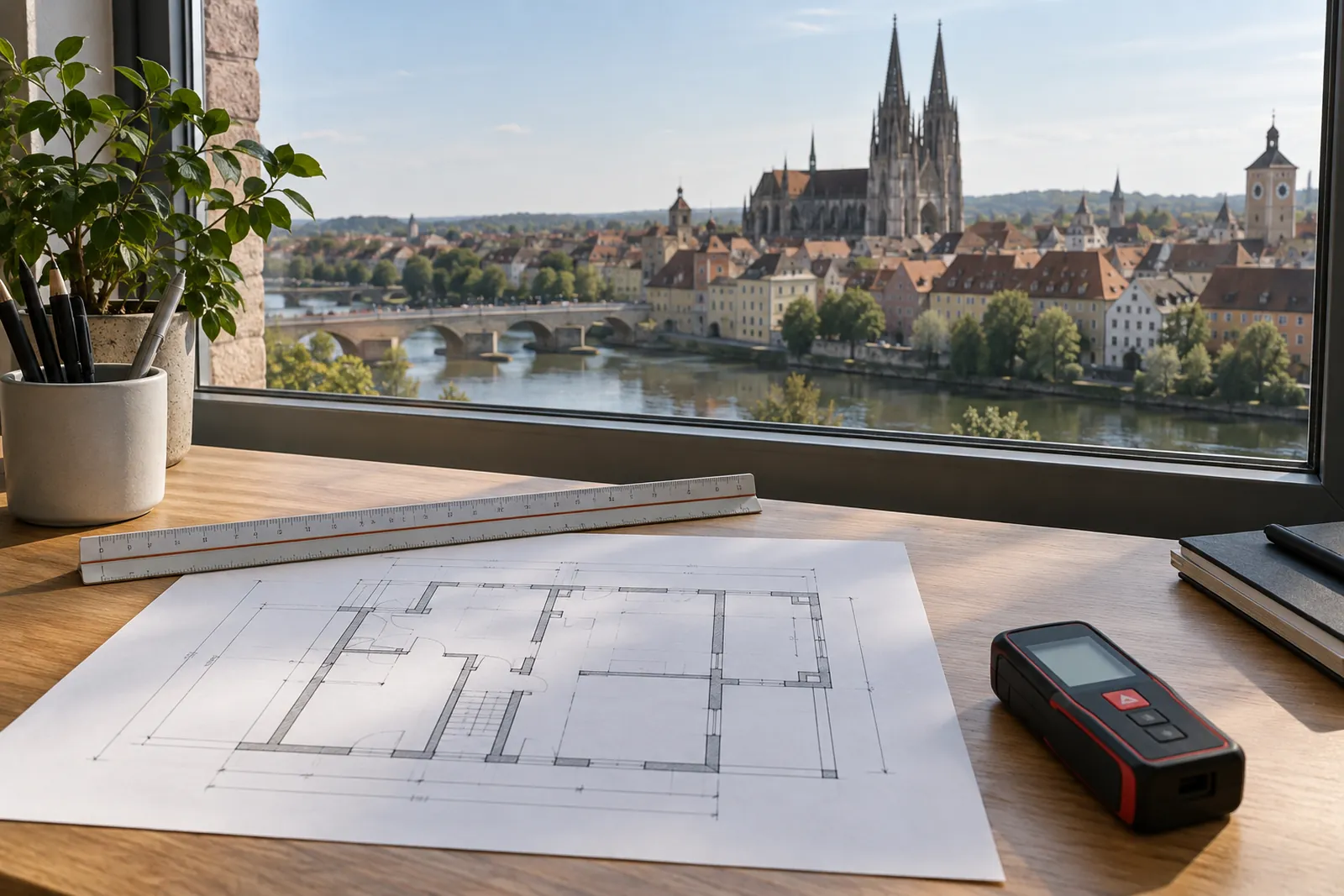 Maßstab und Grundriss mit Maßlinien auf einem Schreibtisch, im Hintergrund die Altstadt von Regensburg mit Domtürmen
