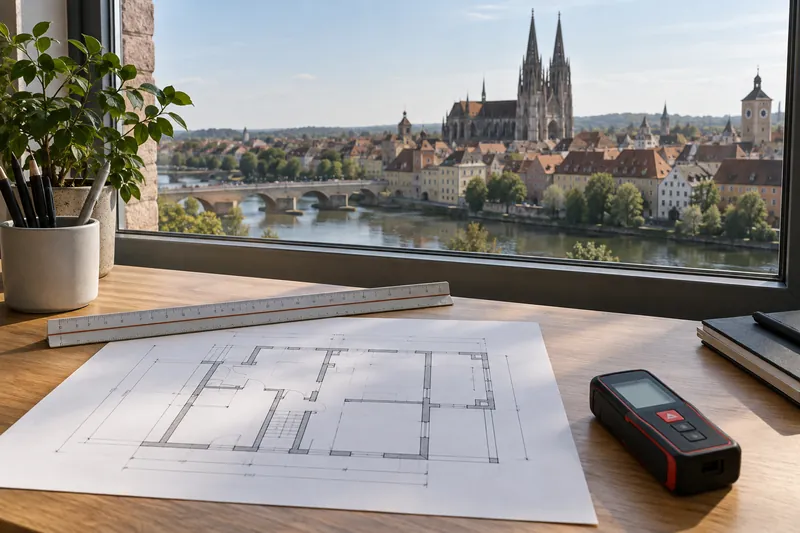 Maßstab und Grundriss mit Maßlinien auf einem Schreibtisch, im Hintergrund die Altstadt von Regensburg mit Domtürmen