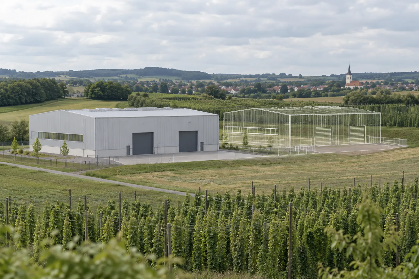 Zwei baugleiche Gewerbehallen in mittelfränkischer Hügellandschaft, die zweite nur als feine Umrisslinie angedeutet