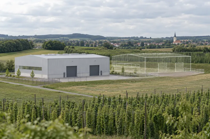Zwei baugleiche Gewerbehallen in mittelfränkischer Hügellandschaft, die zweite nur als feine Umrisslinie angedeutet