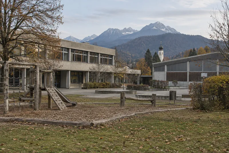 Schulkomplex der 1970er Jahre mit Klassentrakt und Turnhalle vor Voralpenhügeln in Oberbayern