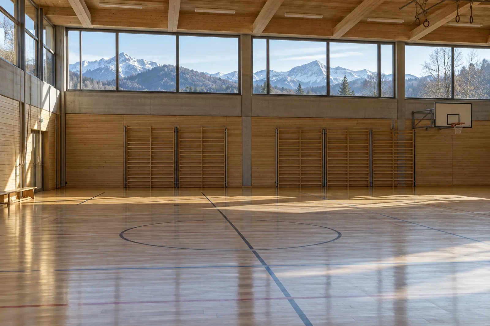 Leere Sporthalle mit Holzboden und hohen Fensterbändern, durch die Alpenvorland-Hügel zu sehen sind
