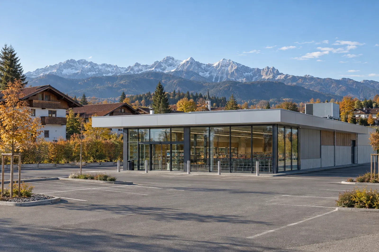Discounter-Markt mit Flachdach und verglaster Eingangsfront am Ortsrand in Oberbayern, im Hintergrund die Alpen
