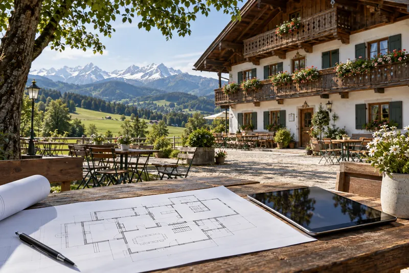 Oberbayerischer Dorfgasthof mit Biergarten vor Alpenkulisse, im Vordergrund ein Grundriss und ein Tablet auf einem Holztisch