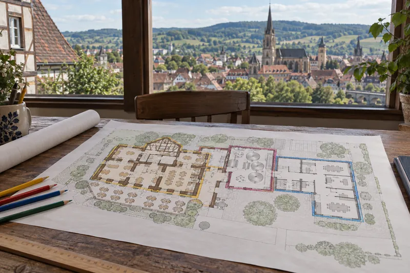 Grundrissplan eines fränkischen Brauereigasthofs mit farbigen Umrandungen auf einem Tisch, dahinter eine Kleinstadt mit Kirchturm