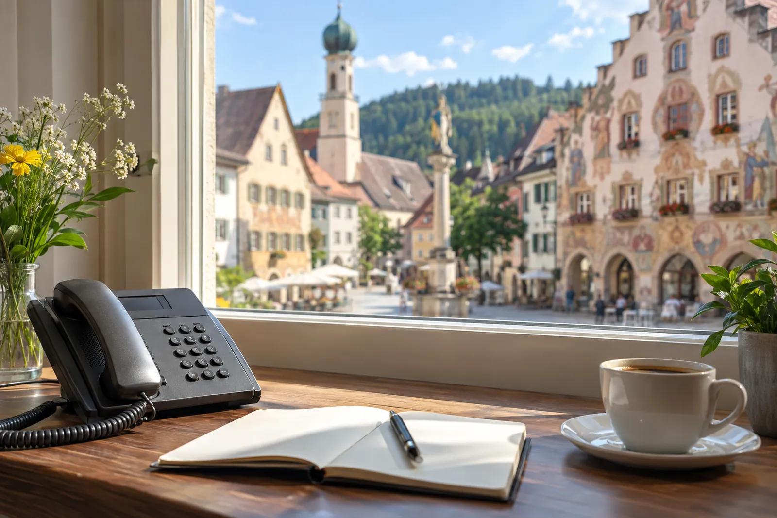 Telefon und Notizbuch auf einem Schreibtisch am Fenster