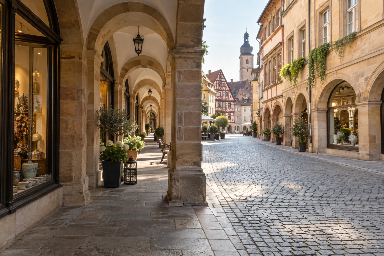 Arkadengang mit Geschäften in einer fränkischen Altstadt