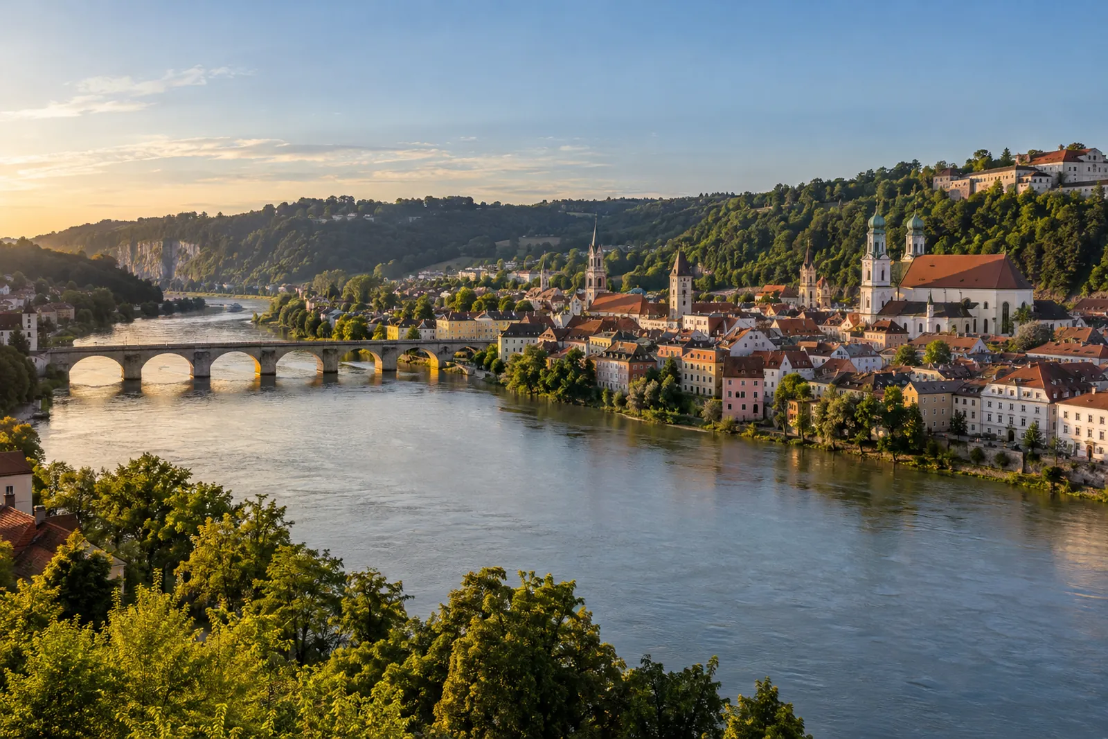 Donautal mit Altstadt, Steinerner Brücke und Hügeln
