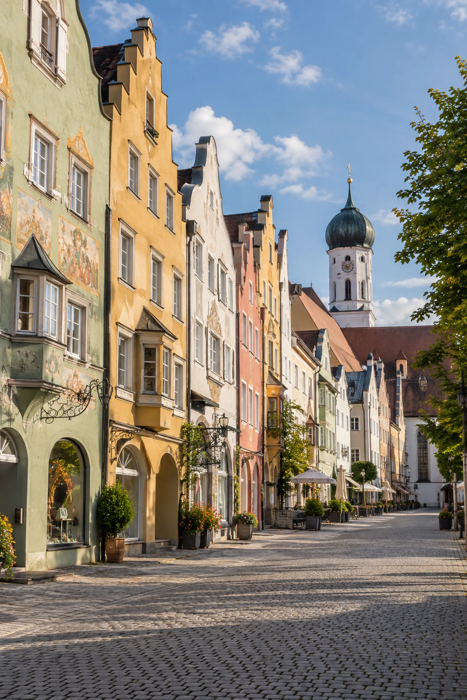 Bemalte Bürgerhäuser mit Läden in einer oberbayerischen Altstadt