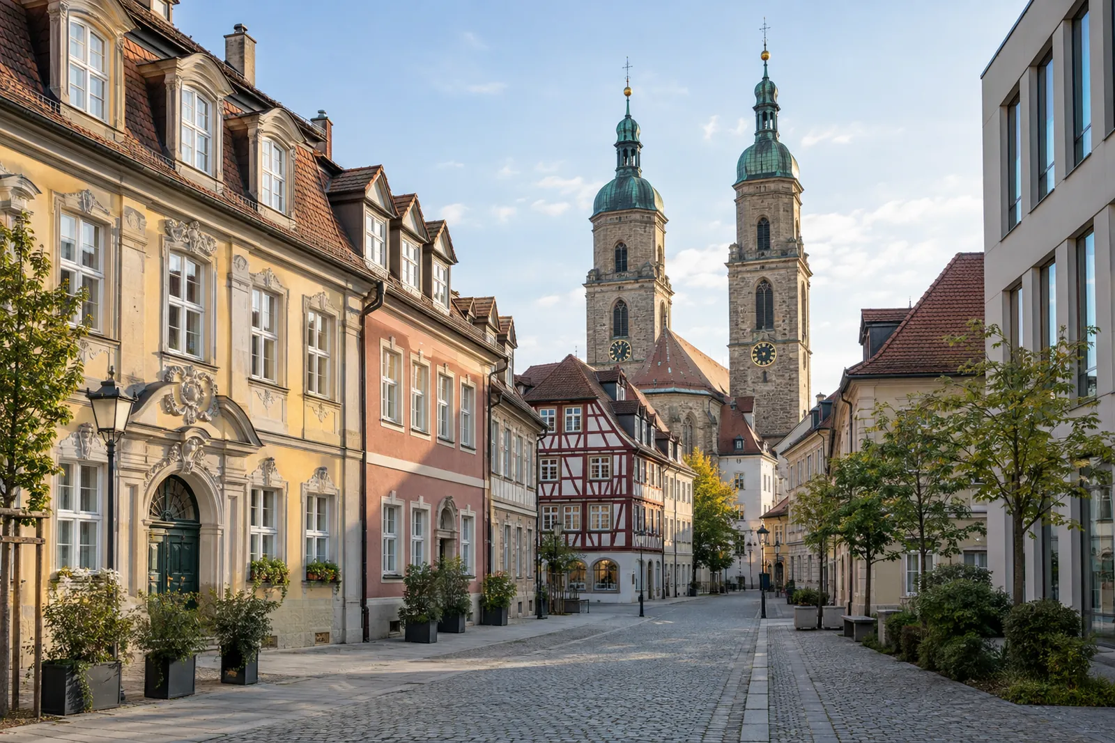 Barocke Geschäftshäuser und Fachwerk in der Ansbacher Altstadt mit Kirchtürmen im Hintergrund