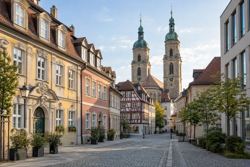 Barocke Geschäftshäuser und Fachwerk in der Ansbacher Altstadt mit Kirchtürmen im Hintergrund