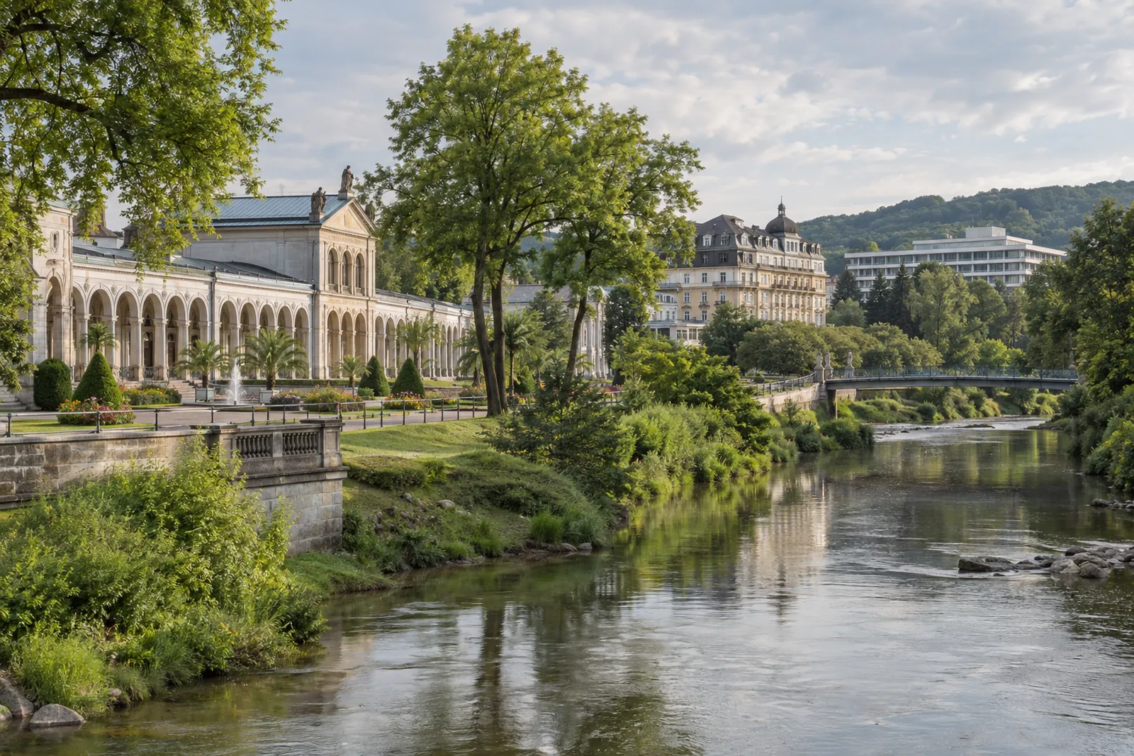 Historisches Kurviertel von Bad Kissingen mit Kurgebäude, Parkbäumen, Kurhotel und modernem Klinikgebäude