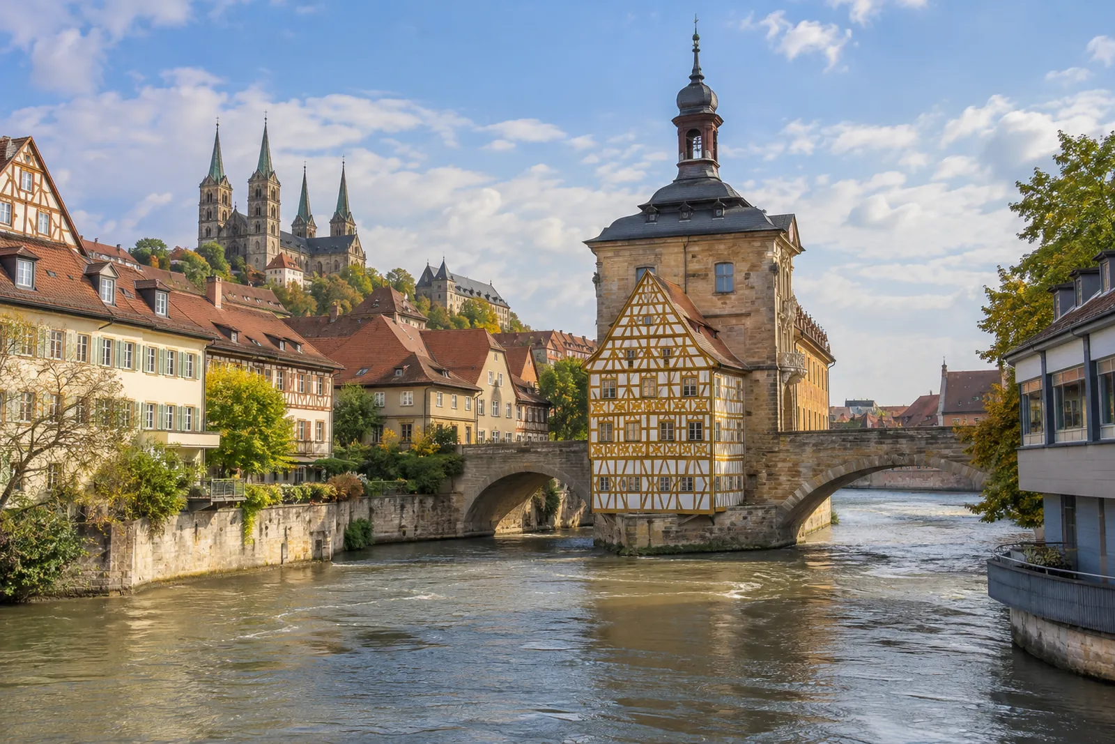 Fachwerk- und Barockhäuser an der Regnitz in Bamberg, im Hintergrund die Türme des Doms
