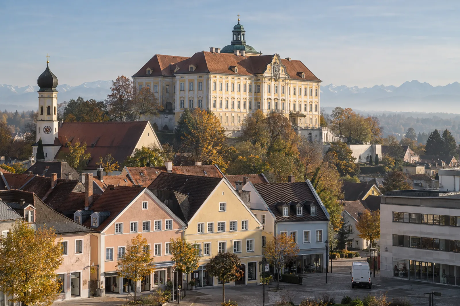 Dachauer Altstadt mit Geschäftshäusern unterhalb des Schlosses, im Vordergrund ein moderner Gewerbebau