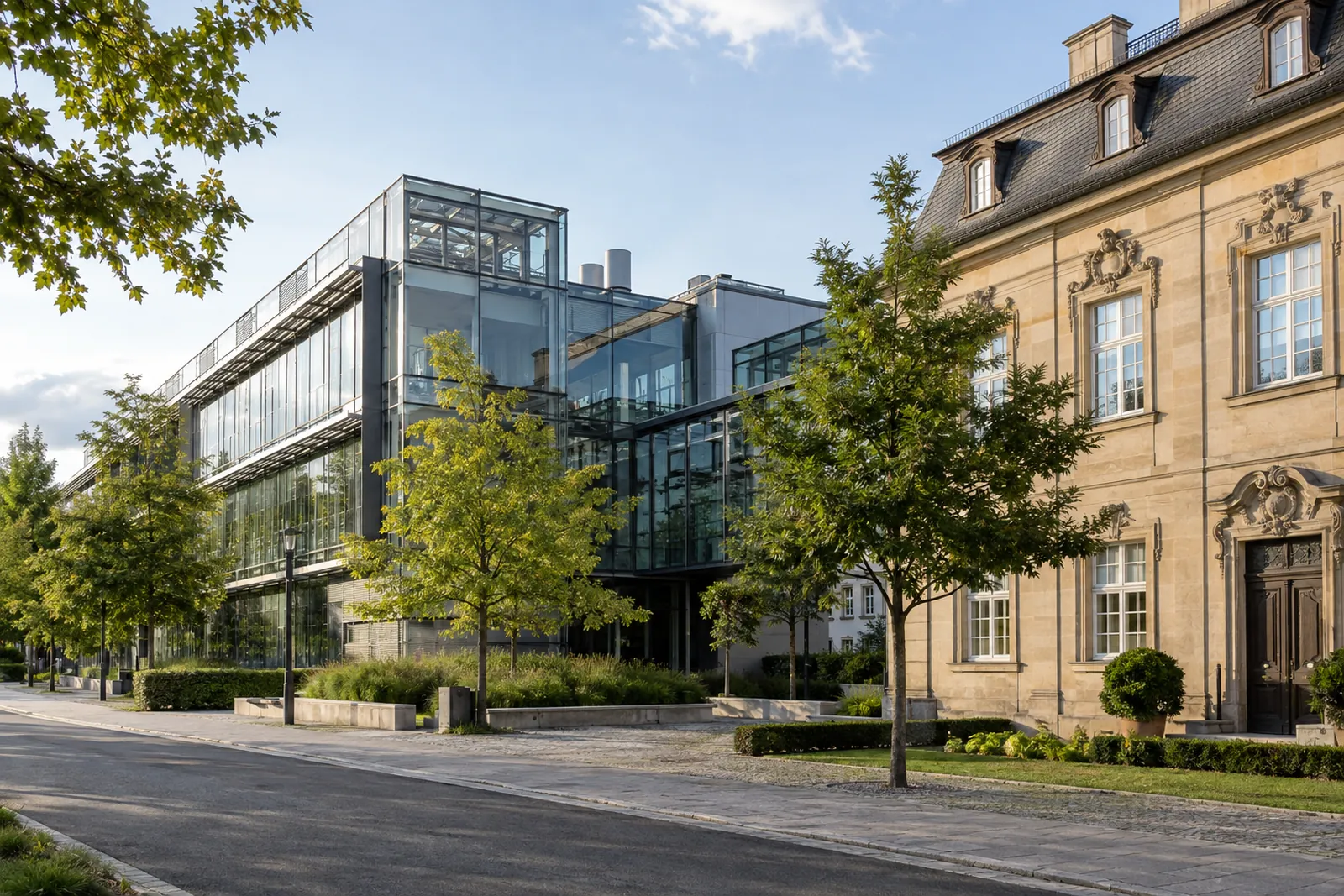 Moderner Forschungs- und Bürobau neben einem barocken Stadthaus in Erlangen
