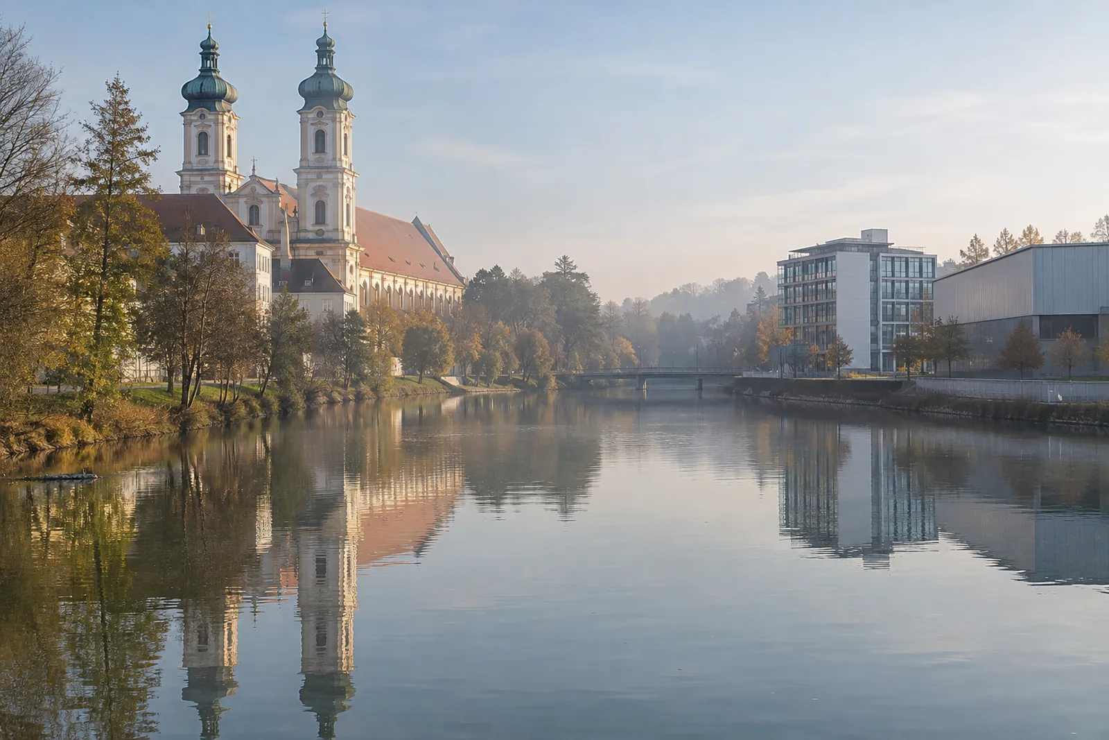 Barocke Klosterkirche Fürstenfeld an der Amper, am gegenüberliegenden Ufer ein Bürogebäude und eine Gewerbehalle